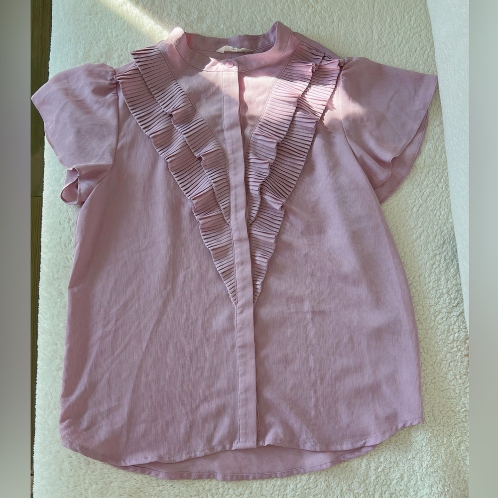 Women’s Pink Ruffle Blouse – Short Sleeve, Button Front, Elegant Top, Size M​